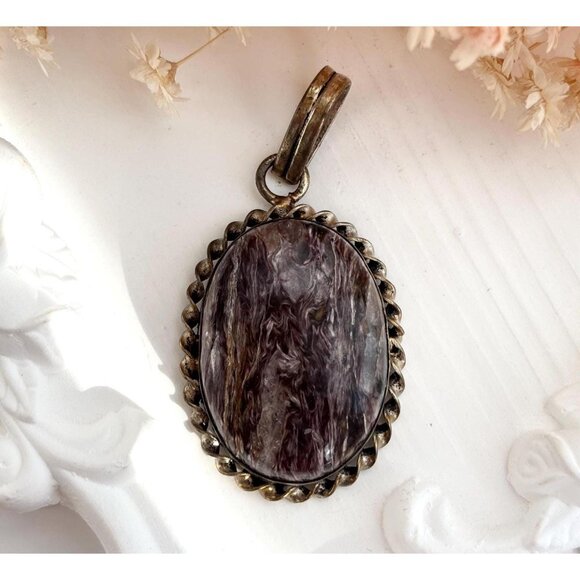 Dark Charoite Gemstone Rope Framed Bezel Set Sterling Silver 925 Vintage Pendant - Picture 1 of 10